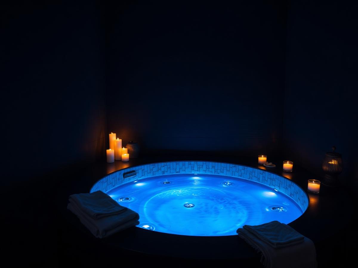 Blue-lit jacuzzi with candles